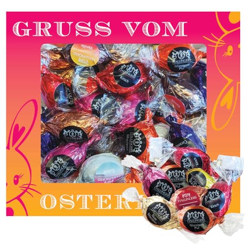 Hallingers Gruß vom Osterhasen XL - Ostergeschenke für Osterkörbchen zu Ostern, Pralinen Ostereier handmade teils mit Alkohol (Box) - Muttertagsgeschenk & Geschenkideen zum Vatertag | Glückwunsch Glüc von Hallingers Genuss Manufaktur