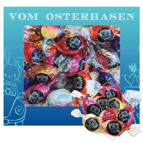 Hallingers Vom Osterhasen XL - Ostergeschenke für Osterkörbchen zu Ostern, Pralinen Ostereier handmade teils mit Alkohol (Box) - Muttertagsgeschenk & Geschenkideen zum Vatertag | Glückwunsch Glückwüns von Hallingers Genuss Manufaktur