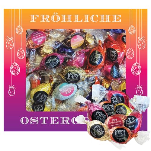 Hallingers Fröhliche Ostergrüße XXL - Ostergeschenke für Osterkörbchen zu Ostern, Pralinen Ostereier handmade teils mit Alkohol (Box) - Muttertagsgeschenk & Geschenkideen zum Vatertag | Glückwunsch Gl von Hallingers Genuss Manufaktur
