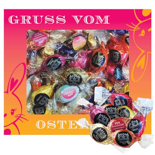 Hallingers Gruß vom Osterhasen XXL - Ostergeschenke für Osterkörbchen zu Ostern, Pralinen Ostereier handmade teils mit Alkohol (Box) - Muttertagsgeschenk & Geschenkideen zum Vatertag | Glückwunsch Glü von Hallingers Genuss Manufaktur