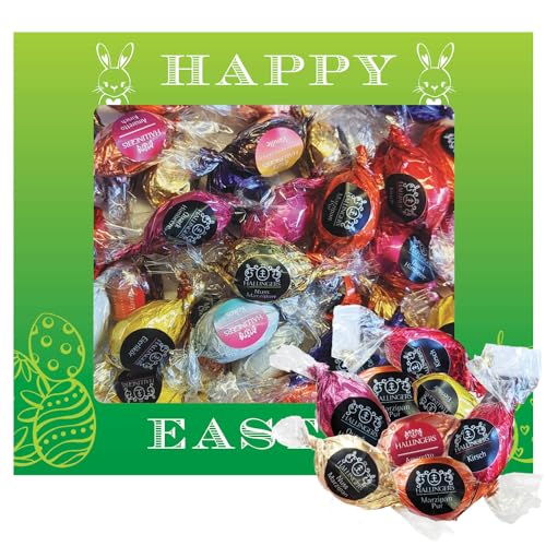 Hallingers Happy Easter XXL - Ostergeschenke für Osterkörbchen zu Ostern, Pralinen Ostereier handmade teils mit Alkohol (Box) - Muttertagsgeschenk & Geschenkideen zum Vatertag | Glückwunsch Glückwünsc von Hallingers Genuss Manufaktur