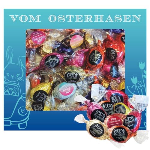 Hallingers Vom Osterhasen XXL - Ostergeschenke für Osterkörbchen zu Ostern, Pralinen Ostereier handmade teils mit Alkohol (Box) - Muttertagsgeschenk & Geschenkideen zum Vatertag | Glückwunsch Glückwün von Hallingers Genuss Manufaktur