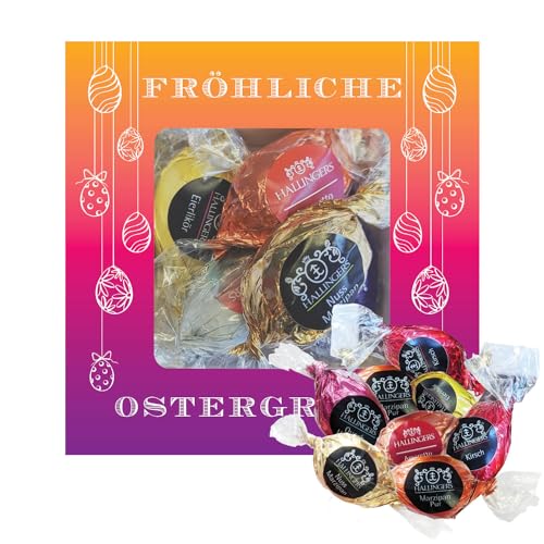 Hallingers Fröhliche Ostergrüße - Ostergeschenke für Osterkörbchen zu Ostern, Pralinen Ostereier handmade teils mit Alkohol (Box) - Muttertagsgeschenk & Geschenkideen zum Vatertag | Glückwunsch Glückw von Hallingers Genuss Manufaktur