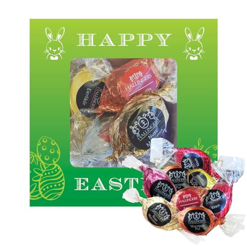 Hallingers Happy Easter - Ostergeschenke für Osterkörbchen zu Ostern, Pralinen Ostereier handmade teils mit Alkohol (Box) - Muttertagsgeschenk & Geschenkideen zum Vatertag | Glückwunsch Glückwünsche F von Hallingers Genuss Manufaktur