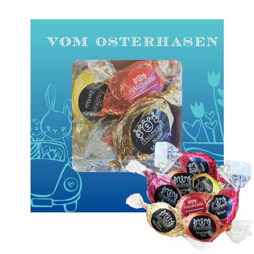 Hallingers Vom Osterhasen - Ostergeschenke für Osterkörbchen zu Ostern, Pralinen Ostereier handmade teils mit Alkohol (Box) - Muttertagsgeschenk & Geschenkideen zum Vatertag | Glückwunsch Glückwünsche von Hallingers Genuss Manufaktur