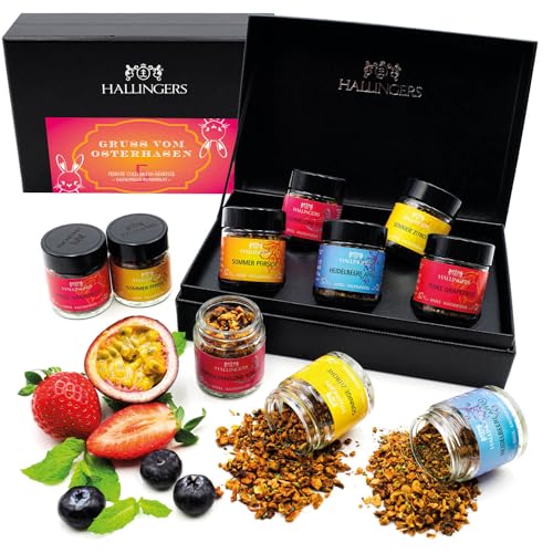 Hallingers Gruß vom Osterhasen - Ostergeschenke für Osterkörbchen zu Ostern, 5 Tee Geschenkset mit Cold Brew Eistees, vegan (Set) - Ostergeschenke Osterkörbchen Ostereier & als Osterdeko | Glückwunsch von Hallingers Genuss Manufaktur