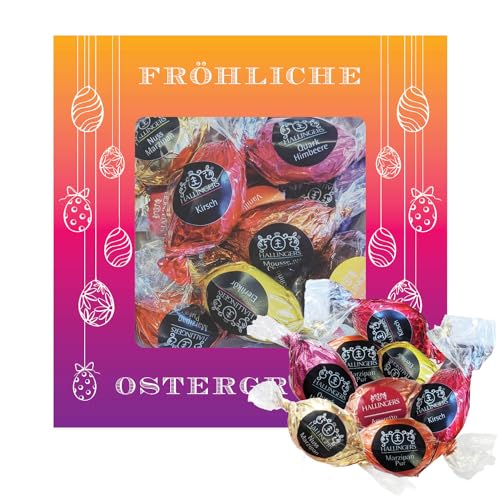Hallingers Fröhliche Ostergrüße L - Ostergeschenke für Osterkörbchen zu Ostern, Pralinen Ostereier handmade teils mit Alkohol (Box) - Muttertagsgeschenk & Geschenkideen zum Vatertag | Glückwunsch Glüc von Hallingers Genuss Manufaktur