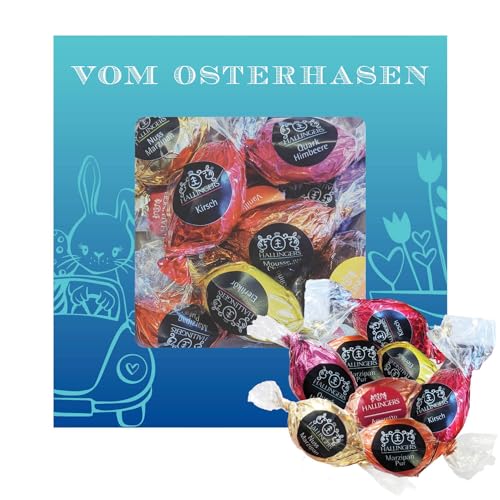 Hallingers Vom Osterhasen L - Ostergeschenke für Osterkörbchen zu Ostern, Pralinen Ostereier handmade teils mit Alkohol (Box) - Muttertagsgeschenk & Geschenkideen zum Vatertag | Glückwunsch Glückwünsc von Hallingers Genuss Manufaktur