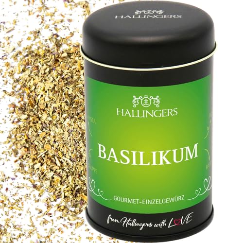 Hallingers Basilikum - Basis-Gewürz für Pesto-Pasta, Pizza, Ratatouille & Tomatensuppe (Dose) - Muttertagsgeschenk & Geschenkideen zum Vatertag | Geburtstag Glückwunsch Neues Zuhause Jahrestag Freunds von Hallingers Genuss Manufaktur