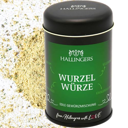 Hallingers Wurzelwürze - Gewürz-Mischung für Eintopf, Rüben-Rösti, Sellerie-Püree & Salat (Dose) - Muttertagsgeschenk & Geschenkideen zum Vatertag | Neues Zuhause Ruhestand Freundschaft Genesung von Hallingers Genuss Manufaktur