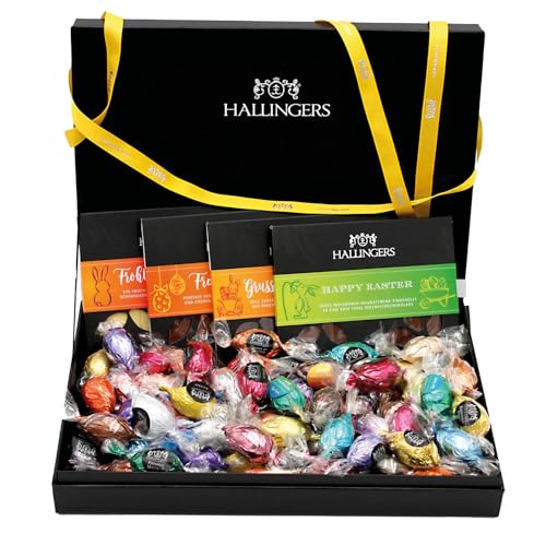 Hallingers Easter Box Yellow - Ostergeschenke als Osterkörbchen zu Ostern, Schokolade 60 Pralinen Ostereier & Geschenkbox (Set) - Muttertagsgeschenk & Geschenkideen zum Vatertag | Glückwunsch Freundsc von Hallingers Genuss Manufaktur