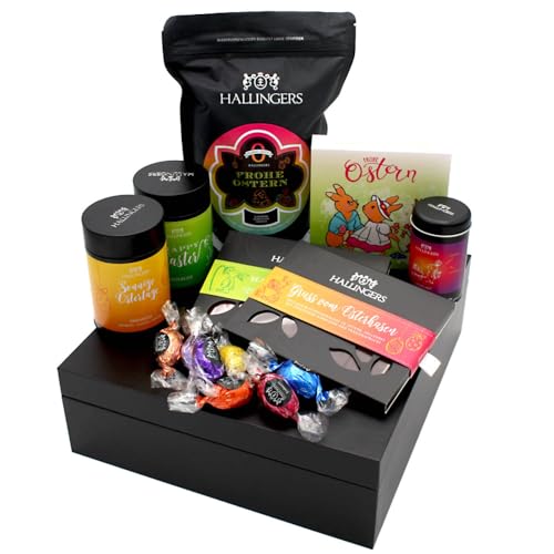 Hallingers Easter Big Box Green - Ostergeschenke als Osterkörbchen zu Ostern, Schokolade Kaffee Ostereier Osterhase & Geschenkbox (Set) - Ostergeschenke Kinder zu Ostern & als Osterdeko | Glückwunsch von Hallingers Genuss Manufaktur