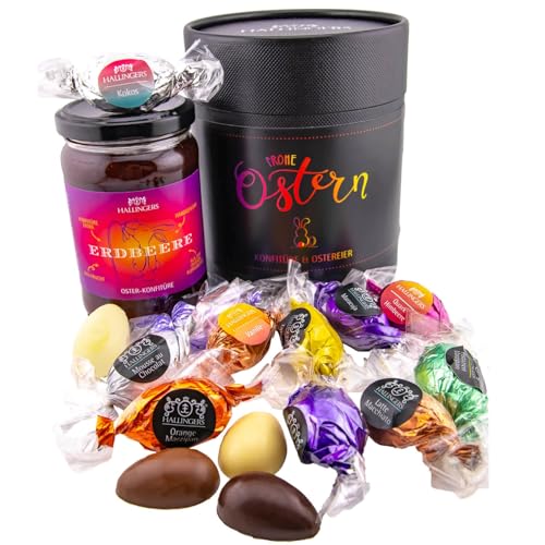Hallingers Frohe Ostern - black - Ostergeschenke als Osterkörbchen zu Ostern, 17 Pralinen Ostereier & Erdbeerkonfitüre (Set) - Muttertagsgeschenk & Geschenkideen zum Vatertag | Glückwunsch Freundschaf von Hallingers Genuss Manufaktur