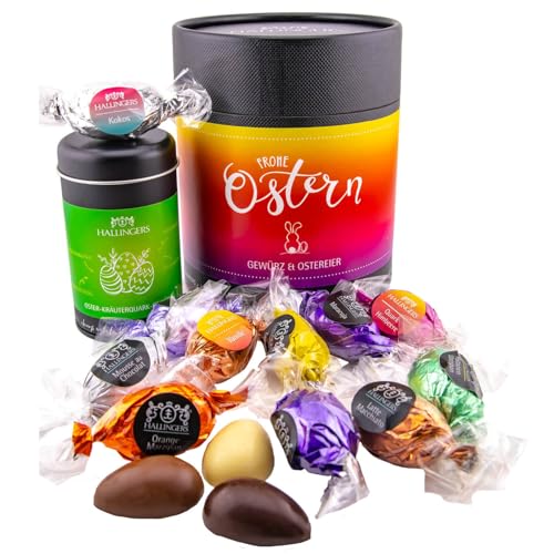 Hallingers Frohe Ostern - colorful - Ostergeschenke als Osterkörbchen zu Ostern, 17 Pralinen Ostereier & Gewürz Kräuterquark (Set) - Muttertagsgeschenk & Geschenkideen zum Vatertag | Glückwunsch Freun von Hallingers Genuss Manufaktur