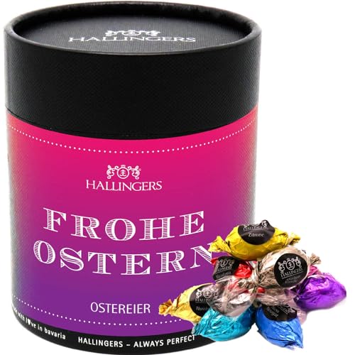 Hallingers Frohe Ostern XXL - Ostergeschenke für Osterkörbchen zu Ostern, Pralinen Ostereier handmade in Box ohne Alkohol (Dose) - Muttertagsgeschenk & Geschenkideen zum Vatertag | Glückwunsch Glückwü von Hallingers Genuss Manufaktur