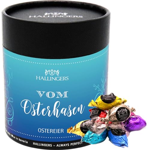 Hallingers Vom Osterhasen XXL - Ostergeschenke für Osterkörbchen zu Ostern, Pralinen Ostereier handmade in Box ohne Alkohol (Dose) - Muttertagsgeschenk & Geschenkideen zum Vatertag | Glückwunsch Glück von Hallingers Genuss Manufaktur