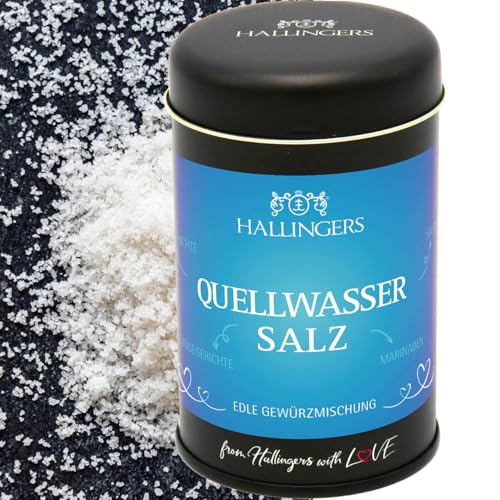 Hallingers Quellwasser Salz - Premium Salz für Fisch, Salat, Gemüsegerichte und Marinaden (Dose) - Muttertagsgeschenk & Geschenkideen zum Vatertag | Geburtstag Glückwunsch Neues Zuhause Jahrestag Freu von Hallingers Genuss Manufaktur