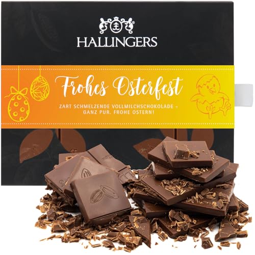 Hallingers Frohes Osterfest - Ostergeschenke für Osterkörbchen zu Ostern, Vollmilch Edel-Schokolade Pur Ostergeschenk (Box) - Muttertagsgeschenk & Geschenkideen zum Vatertag | Glückwunsch Danke Freund von Hallingers Genuss Manufaktur
