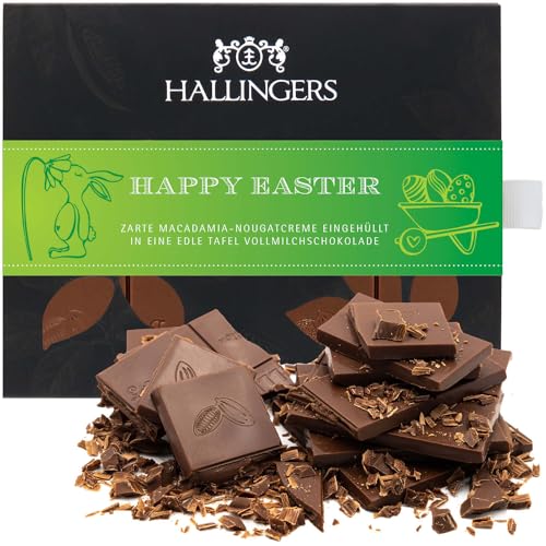 Hallingers Happy Easter - Ostergeschenke für Osterkörbchen zu Ostern, Vollmilch Edel Schokolade Macadamia-Nougat (Box) - Muttertagsgeschenk & Geschenkideen zum Vatertag | Glückwunsch Danke Freundschaf von Hallingers Genuss Manufaktur