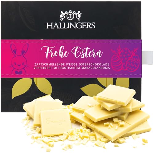Hallingers Frohe Ostern - Ostergeschenke für Osterkörbchen zu Ostern, Weiße Edel-Schokolade Maracuja Passionsfrucht (Box) - Muttertagsgeschenk & Geschenkideen zum Vatertag | Glückwunsch Danke Freundsc von Hallingers Genuss Manufaktur