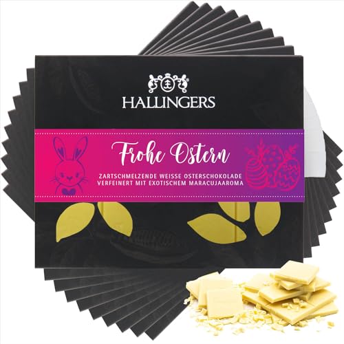 Hallingers 10x Frohe Ostern - Ostergeschenke für Osterkörbchen zu Ostern, Weiße Edel-Schokolade Maracuja Passionsfrucht (Box) - Muttertagsgeschenk & Geschenkideen zum Vatertag | Glückwunsch Danke Freu von Hallingers Genuss Manufaktur