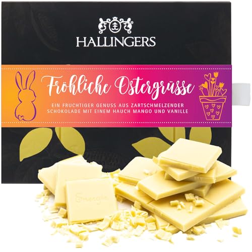Hallingers Fröhliche Ostergrüße - Ostergeschenke für Osterkörbchen zu Ostern, Weiße Edel-Schokolade Mango-Vanille handmade (Box) - Muttertagsgeschenk & Geschenkideen zum Vatertag | Glückwunsch Danke F von Hallingers Genuss Manufaktur