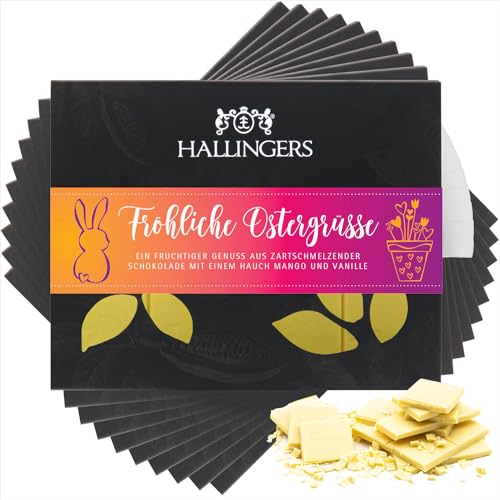 Hallingers 10x Fröhliche Ostergrüße - Ostergeschenke für Osterkörbchen zu Ostern, Weiße Edel-Schokolade Mango-Vanille handmade (Box) - Muttertagsgeschenk & Geschenkideen zum Vatertag | Glückwunsch Dan von Hallingers Genuss Manufaktur