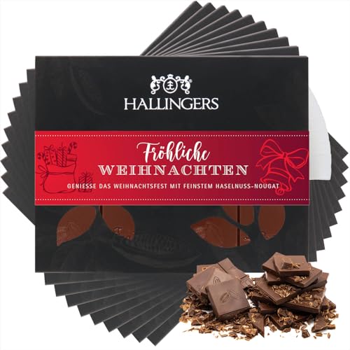 Hallingers 10x Fröhliche Weihnachten - Vollmilch Edel-Schokolade mit Haselnuss-Nougat - handmade, alkoholfrei (Box) - Muttertagsgeschenk & Geschenkideen zum Vatertag | Glückwunsch Danke Freundschaft G von Hallingers Genuss Manufaktur