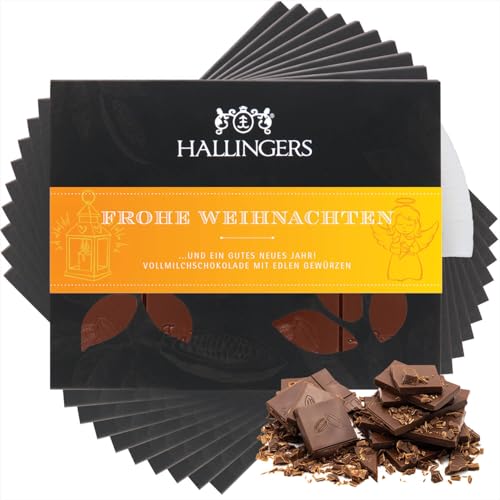 Hallingers 10x Frohe Weihnachten - Vollmilch Edel-Schokolade mit Weihnachts-Gewürzen - handmade, alkoholfrei (Box) - Muttertagsgeschenk & Geschenkideen zum Vatertag | Glückwunsch Danke Freundschaft Ge von Hallingers Genuss Manufaktur