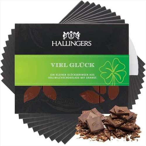 Hallingers 10x Viel Glück - Vollmilch Edel-Schokolade mit Orange - handmade, alkoholfrei (Box) - Muttertagsgeschenk & Geschenkideen zum Vatertag | Geburtstag Glückwunsch Jahrestag Freundschaft Genesun von Hallingers Genuss Manufaktur