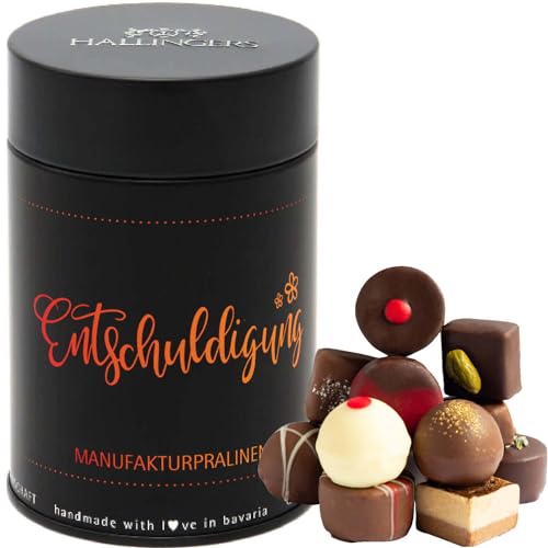 Hallingers Entschuldigung - Manufaktur Pralinen Geschenk handmade ohne Alkohol aus Edelkakao Schokolade (Dose) - Ostergeschenke Osterkörbchen Ostereier & als Osterdeko | Geburtstag Glückwunsch Danke F von Hallingers Genuss Manufaktur