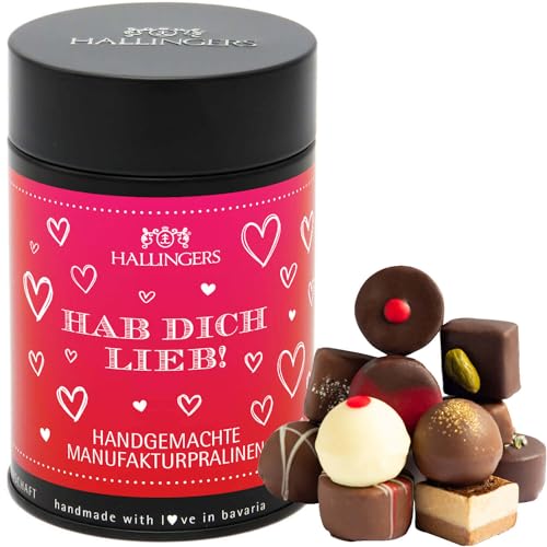 Hallingers Hab Dich lieb - Manufaktur Pralinen Geschenk handmade ohne Alkohol aus Edelkakao Schokolade (Dose) - Muttertagsgeschenk & Geschenkideen zum Vatertag | Danke Neues Zuhause Jahrestag von Hallingers Genuss Manufaktur