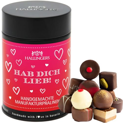 Hallingers Hab Dich lieb - Valentinstag Manufaktur Pralinen Geschenk handmade ohne Alkohol aus Edelkakao Schokolade (Dose) - Ostergeschenke Osterkörbchen Ostereier & als Osterdeko | Danke Neues Zuhaus von Hallingers Genuss Manufaktur