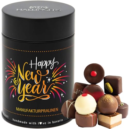 Hallingers Happy New Year - Manufaktur Pralinen Silvester Geschenk handmade ohne Alkohol aus Edelkakao Schokolade Neujahr Geschenk (Dose) - Muttertagsgeschenk & Geschenkideen zum Vatertag | Glückwunsc von Hallingers Genuss Manufaktur