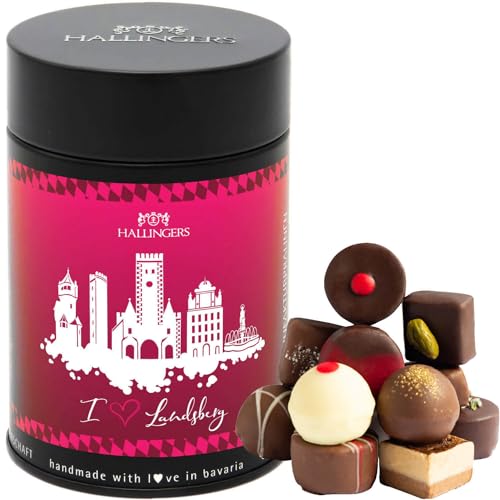 Hallingers I love Landsberg - Manufaktur Pralinen Geschenk handmade ohne Alkohol aus Edelkakao Schokolade (Dose) - Ostergeschenke Osterkörbchen Ostereier & als Osterdeko | Geburtstag Glückwunsch Danke von Hallingers Genuss Manufaktur