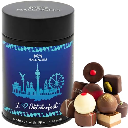 Hallingers I love Oktoberfest - Manufaktur Pralinen Geschenk handmade ohne Alkohol aus Edelkakao Schokolade (Dose) - Muttertagsgeschenk & Geschenkideen zum Vatertag | Geburtstag Glückwunsch Danke Jahr von Hallingers Genuss Manufaktur