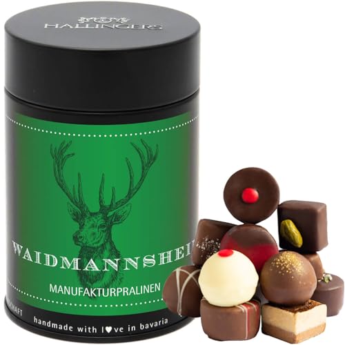 Hallingers Waidmannsheil - Manufaktur Pralinen Geschenk handmade ohne Alkohol aus Edelkakao Schokolade für Jäger (Dose) - Muttertagsgeschenk & Geschenkideen zum Vatertag | Danke Neues Zuhause Genesung von Hallingers Genuss Manufaktur