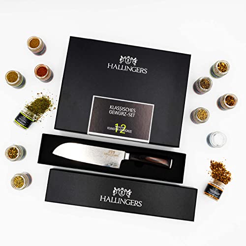 Hallingers Klassisches Gewürz-Set & Deluxe Santoku 7 Zoll - Gewürz Geschenkset handmade, Bundle 12 Gewürze & Messer Deluxe (Set) - Muttertagsgeschenk & Geschenkideen zum Vatertag | Geburtstag Glückwun von Hallingers Genuss Manufaktur