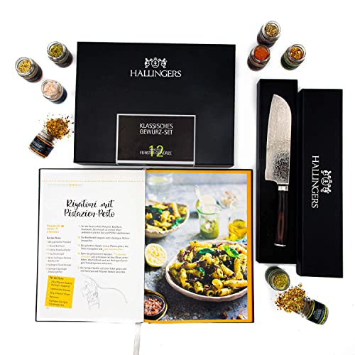 Hallingers Klassisches Gewürz-Set & Deluxe Santoku & Kochbuch - 12er Gewürz-Geschenk-Set, Gewürze & Deluxe-Messer & Kochbuch (Set) - Muttertagsgeschenk & Geschenkideen zum Vatertag | Geburtstag Glückw von Hallingers Genuss Manufaktur