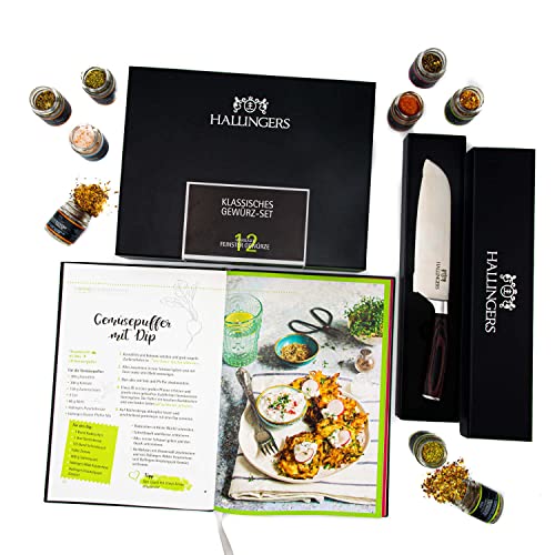 Hallingers Klassisches Gewürz-Set & Premium Santoku & Kochbuch - 12er Gewürz-Geschenk-Set, Gewürze & Premium-Messer & Kochbuch (Set) - Muttertagsgeschenk & Geschenkideen zum Vatertag | Neues Zuhause G von Hallingers Genuss Manufaktur