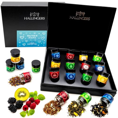 Hallingers Danke Papa - Vatertagsgeschenk 12 Sorten Tee Geschenkset mit Box vegan zum Vatertag für Papa Vater Opa (Set) - Muttertagsgeschenk & Geschenkideen zum Vatertag | Genesung Jahrestag Danke von Hallingers Genuss Manufaktur