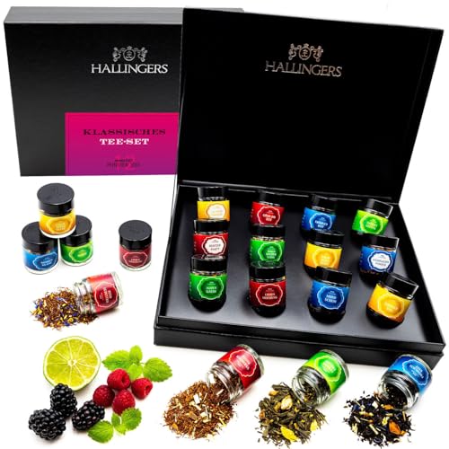Hallingers Klassisches Tee-Set - No. 1-12 Sorten Tee Geschenkset, loser Tee in Schraubgläsern, Teesortiment als Tee Geschenk vegan (Set) - Ostergeschenke Osterkörbchen Ostereier & als Osterdeko | Ge von Hallingers Genuss Manufaktur