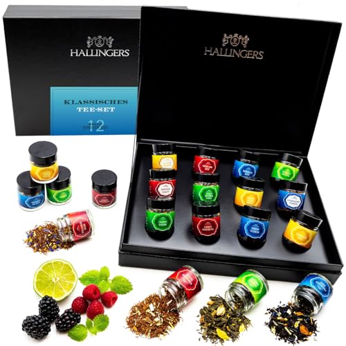 Hallingers Klassisches Tee-Set - No. 2-12 Sorten Tee Geschenkset, loser Tee in Schraubgläsern, Teesortiment als Tee Geschenk vegan (Set) - Muttertagsgeschenk & Geschenkideen zum Vatertag | Genesung von Hallingers Genuss Manufaktur