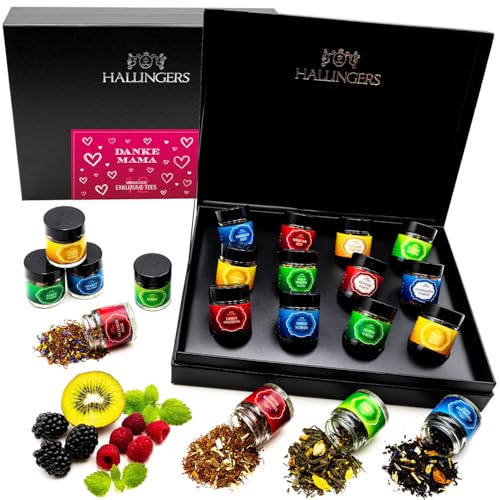 Hallingers Danke Mama - Muttertagsgeschenk 12 Sorten Tee Geschenkset mit Box vegan zum Muttertag für Mama Mutter Oma (Set) - Ostergeschenke Osterkörbchen Ostereier & als Osterdeko | Genesung Jahrestag von Hallingers Genuss Manufaktur