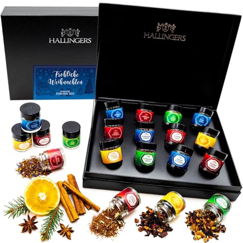 Hallingers Fröhliche Weihnachten - Weihnachtliche 12 Sorten Tee Geschenkset zu Weihnachten, vegan & glutenfrei in Schraubgläsern (Set) - Ostergeschenke Osterkörbchen Ostereier & als Osterdeko | Genesu von Hallingers Genuss Manufaktur