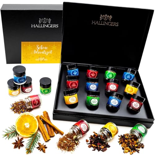 Hallingers Schöne Adventszeit - Weihnachtliche 12 Sorten Tee Geschenkset zu Weihnachten, vegan & glutenfrei in Schraubgläsern (Set) - Muttertagsgeschenk & Geschenkideen zum Vatertag | Genesung Glückwü von Hallingers Genuss Manufaktur