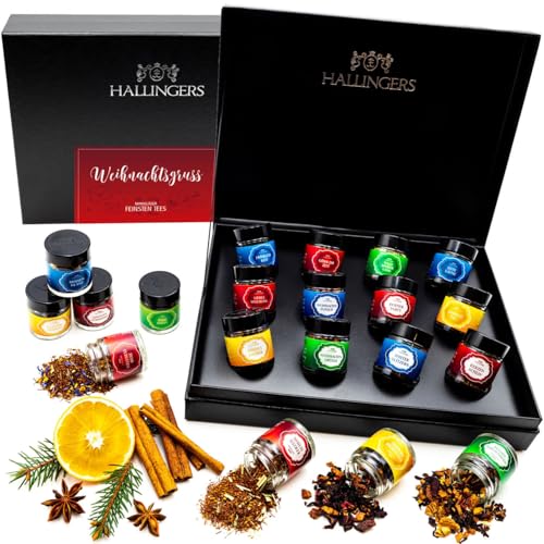 Hallingers Weihnachtsgruß - Weihnachtliche 12 Sorten Tee Geschenkset zu Weihnachten, vegan & glutenfrei in Schraubgläsern (Set) - Muttertagsgeschenk & Geschenkideen zum Vatertag | Genesung Glückwünsch von Hallingers Genuss Manufaktur
