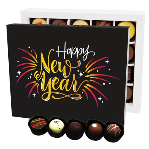 Hallingers Happy New Year XL - Manufaktur Pralinen Silvester Geschenk handmade ohne Alkohol aus Edelkakao Schokolade Neujahr Geschenk (Box) - Muttertagsgeschenk & Geschenkideen zum Vatertag | Glückwun von Hallingers Genuss Manufaktur
