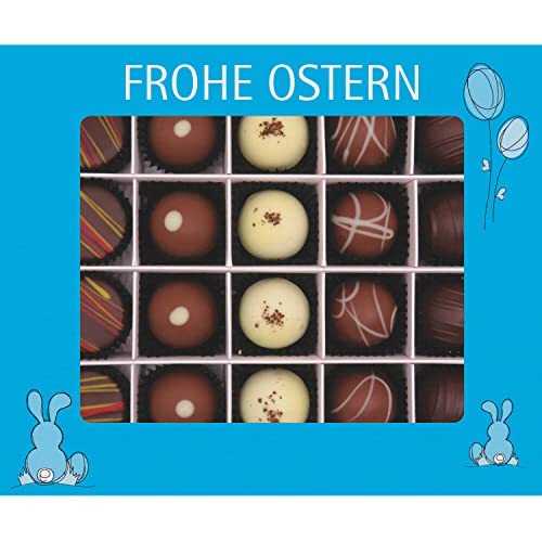 Hallingers 20er Pralinen-Mix handgemacht, mit/ohne Alkohol (240g) - Frohe Ostern blau (Pralinenbox) - Ostern 2023, Für Sie#Für Ihn - Geschenk zu Ostern 2023 von Hallingers Genuss Manufaktur