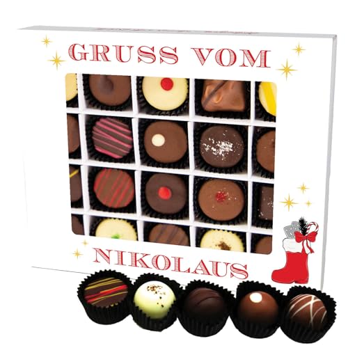 Hallingers Gruß vom Nikolaus XL - Manufaktur Pralinen Weihnachten Geschenk handmade teils mit Alkohol aus Edelkakao Schokolade (Box) - Muttertagsgeschenk & Geschenkideen zum Vatertag | Glückwunsch Dan von Hallingers Genuss Manufaktur